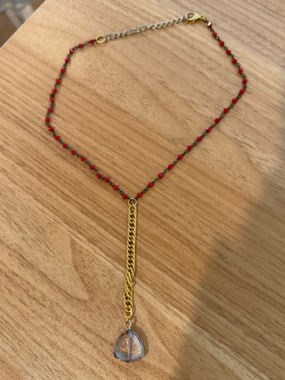 Gold Chain Y-Necklace with Red Beads and Crystal Pendant